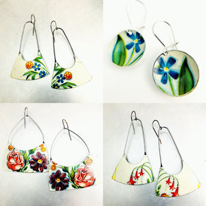 Vintage Flowers on White Recycled Tin Earrings