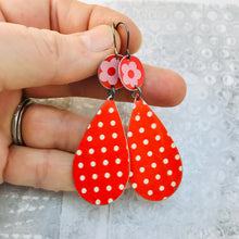 Load image into Gallery viewer, Orange Polka Dots Upcycled Teardrop Tin Earrings