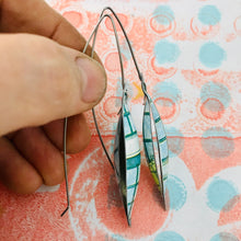 Load image into Gallery viewer, Aqua Windows Long Pods Upcycled Tin Leaf Earrings