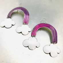 Load image into Gallery viewer, Purple Etched Rainbows with Puffy Clouds Upcycled Tin Earrings