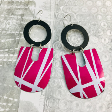 White Lines on Magenta Chunky Horseshoes Zero Waste Tin Earrings