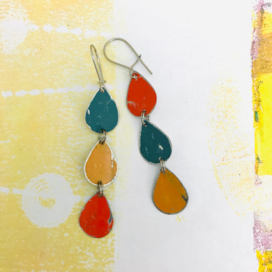 Teal, Goldenrod & Fire Tri-Teardrop Upcycled Tin Earrings