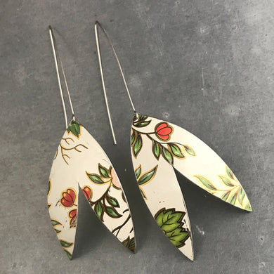 Red Buds & Green Leaves on White Upcycled Tin Earrings