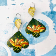 Load image into Gallery viewer, Big Orange Flowers on Polka Dots Trefoil Upcyled Tin Earrings