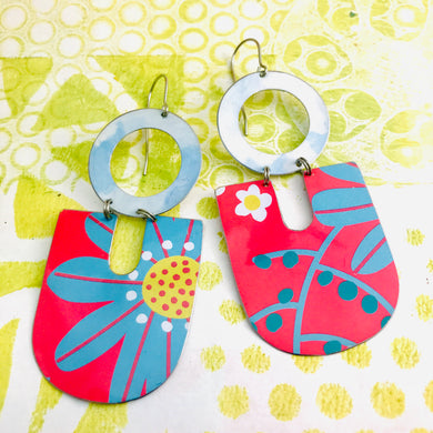 Big Blue Flower on Pink Chunky Horseshoes Zero Waste Tin Earrings