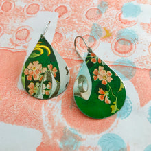Load image into Gallery viewer, Pink Flowers on Green Upcycled Teardrop Tin Earrings