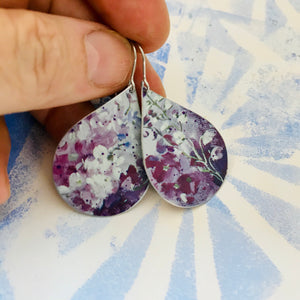 Purple & White Lupines Upcycled Teardrop Tin Earrings