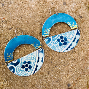 Mixed Flowery Blues Upcycled Circle Earrings