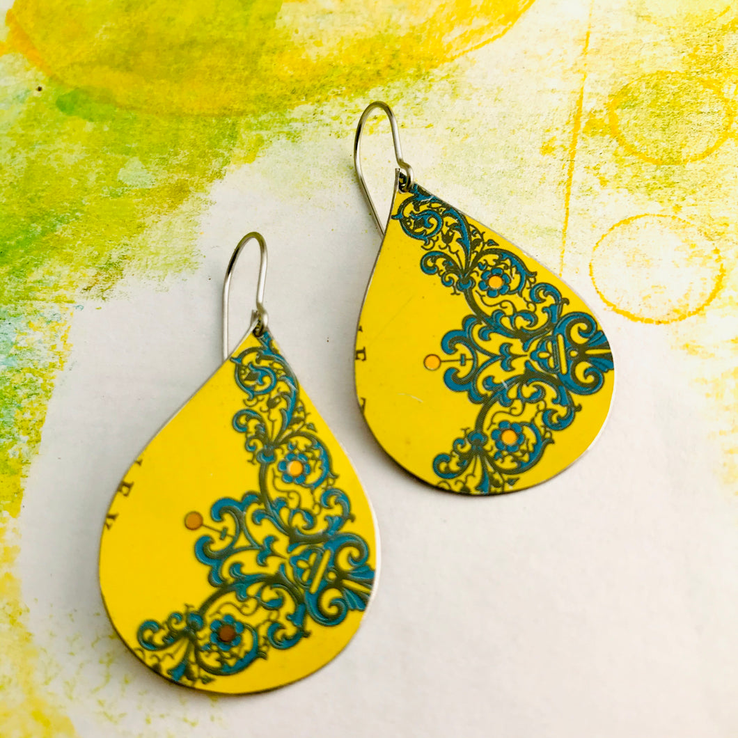 Bright Yellow Upcycled Teardrop Tin Earrings