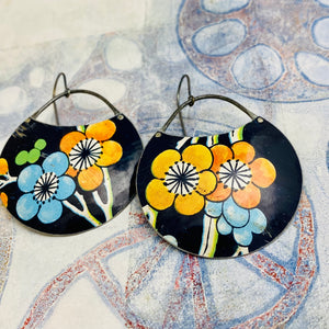 Big Blossoms On Midnight Blue Circles Upcycled Tin Earrings