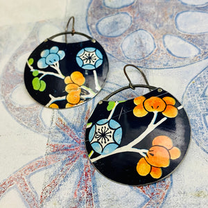 Blossoms On Midnight Blue Circles Upcycled Tin Earrings