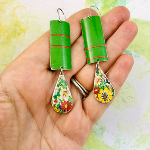 Green Rectangles and Flowery Teardrops Tin Earrings