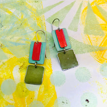 Load image into Gallery viewer, Cerise, Aqua &amp; Green Olive Recycled Tin Earrings