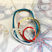 Load image into Gallery viewer, Teal, Gold, Scarlet &amp; Snow Scribbles Upcycled Tin Necklace