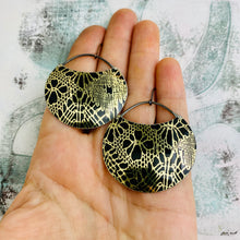 Load image into Gallery viewer, Golden Lace on Midnight Circles Upcycled Tin Earrings