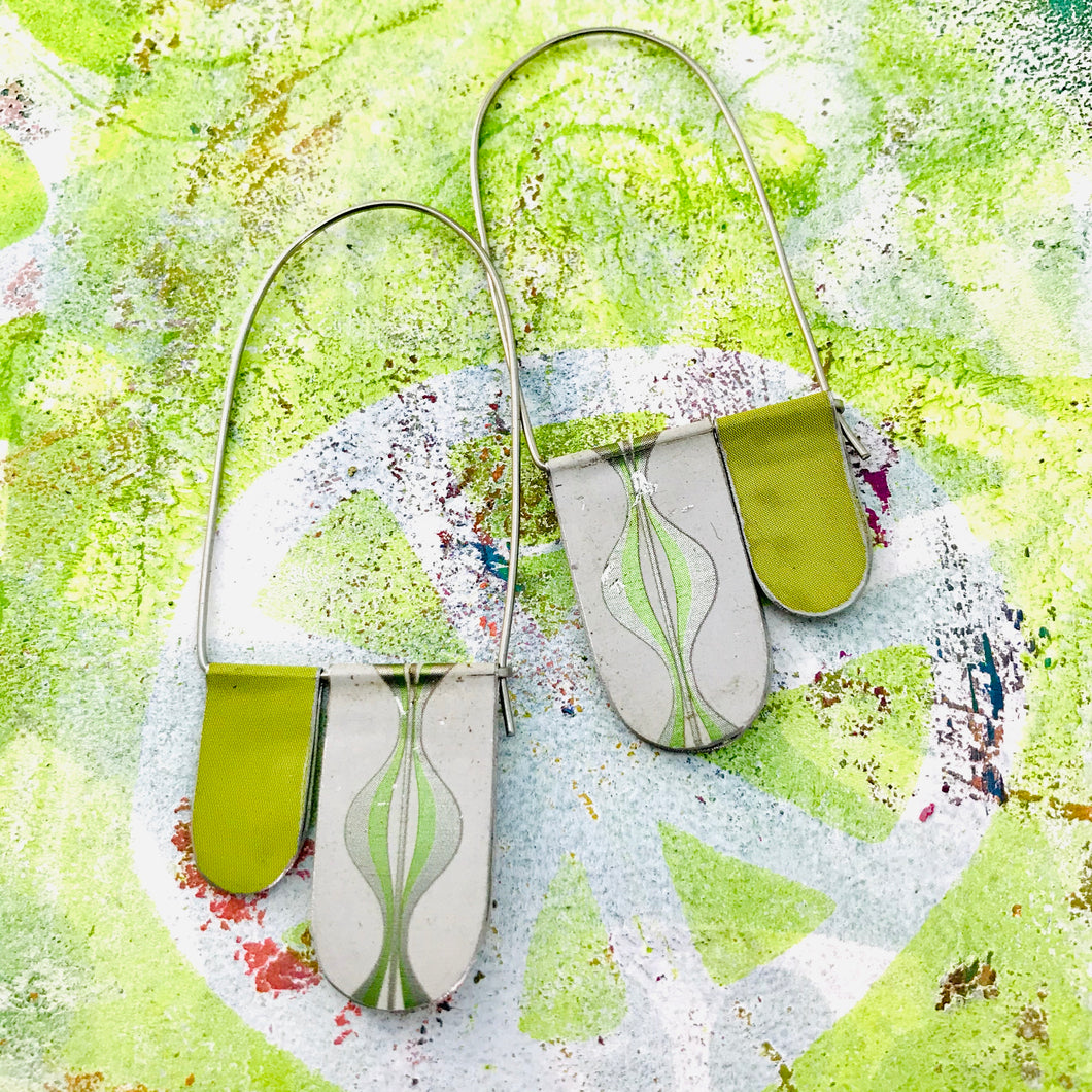White and Green Ogee Arch Dangle Tin Earrings