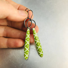 Load image into Gallery viewer, Green  &amp; Gold Lattice Long Teardrops Upcycled Tin Earrings