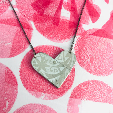 White on Silver Tin Heart Recycled Necklace