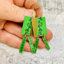 Load image into Gallery viewer, Bright Green Kanji Windows Upcycled Tin Earrings