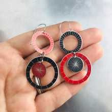 Load image into Gallery viewer, Black &amp; Red Silver Starburst Multi Circles Upcycled Tin Earrings