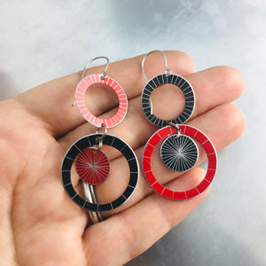 Black & Red Silver Starburst Multi Circles Upcycled Tin Earrings