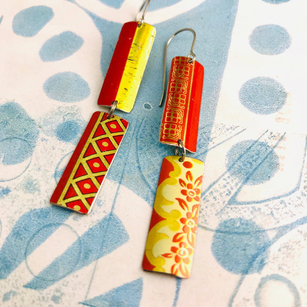 Mixed Red & Gold Patterns Rectangles Tin Earrings