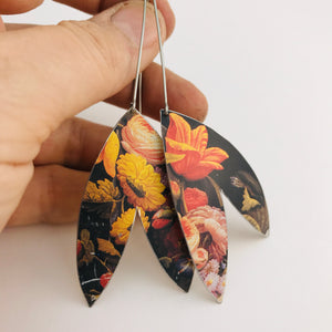 Floral Bouquet on Black Double Leaf Upcycled Tin Earrings
