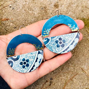 Mixed Flowery Blues Upcycled Circle Earrings