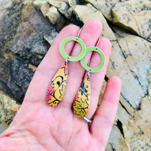 Load image into Gallery viewer, Fall Leaves and Green Rings Upcycled Teardrop Tin Earrings