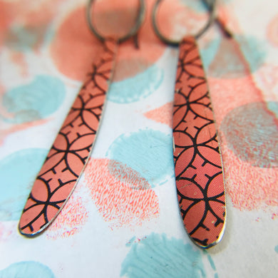 Buff Pink Sacred Geometry Long Teardrops Upcycled Tin Earrings