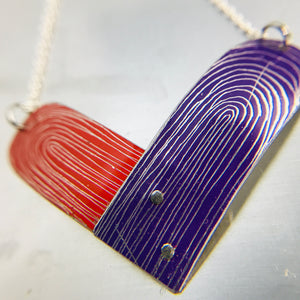 RESERVED Scarlet and Royal Purple Etched Tin Heart Recycled Necklace