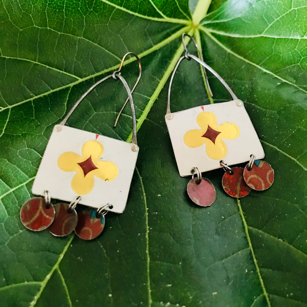 Golden Blossoms on White Rectdangles Upcycled Tin Earrings