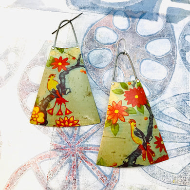 Bright Scarlet Blossoms & Birds Upcycled Tin Long Fans Earrings