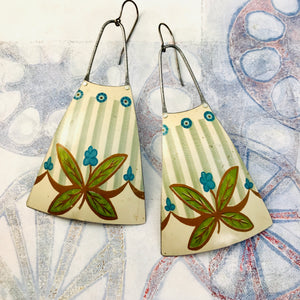 Teal Dots & Leaves Upcycled Tin Long Fans Earrings