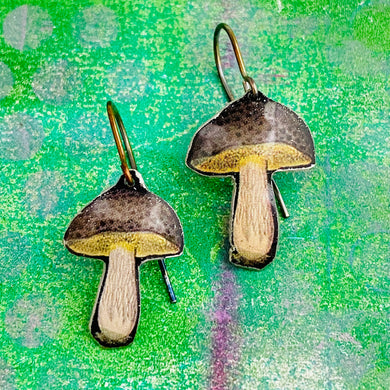 Tiny Spotty Capped Mushrooms Upcycled Tin Earrings