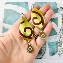 Load image into Gallery viewer, Maroon Spiral in Gold Upcycled Long Pod Tin Earrings