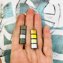 Load image into Gallery viewer, Sketchy Yellows &amp; Grays Squares Rectangle Tin Earrings