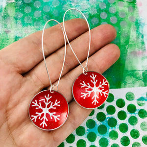 Snowflake on Red Large Basin Tin Earrings