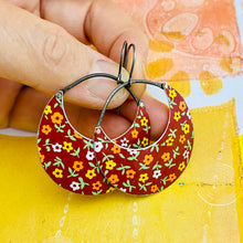 Load image into Gallery viewer, Tiny Flowers on Deep Red Crescent Circles Upcycled Tin Earrings