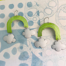 Load image into Gallery viewer, RESERVED Etched Rainbows with Puffy Clouds Upcycled Tin Earrings