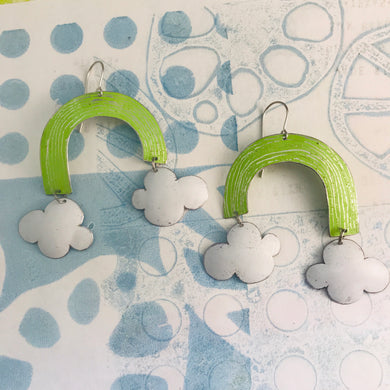 RESERVED Etched Rainbows with Puffy Clouds Upcycled Tin Earrings