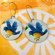 Load image into Gallery viewer, Blue Birds Big Circle Tin Earrings