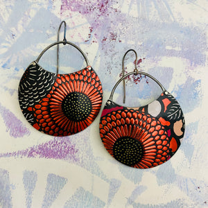 Shimmery Red Sunflowers Circles Upcycled Tin Earrings