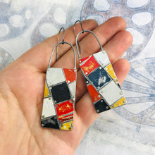 Load image into Gallery viewer, Black, White, Red &amp; Pops of Yellow Tesserae Arched Wire Tin Earrings