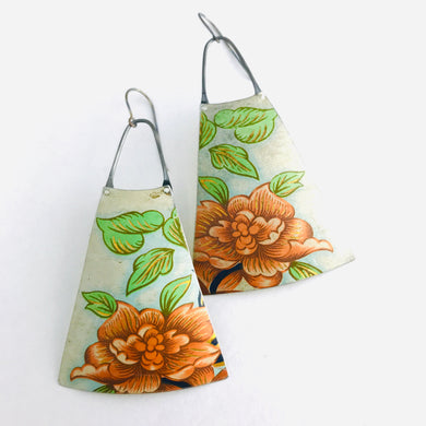 Giant Orange Blossom Upcycled Vintage Tin Long Fans Earrings