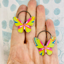 Load image into Gallery viewer, Chartreuse &amp; Magenta Small Butterflies Upcycled Tin Earrings