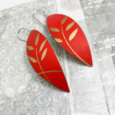 Golden Leaves Deep Crimson Leaf Shape Tin Earrings