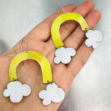 Load image into Gallery viewer, Bright Yellow Etched Rainbows with Puffy Clouds Upcycled Tin Earrings