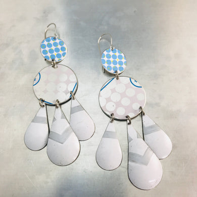 White & Sky Dots Zero Waste Tin Chandelier Earrings