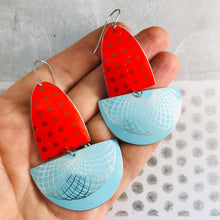 Load image into Gallery viewer, Red Polka Dots &amp; Aqua Spirograph Upcycled Tin Boat Earrings